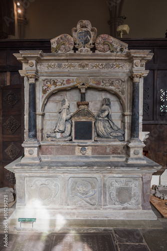 Monument to William & Joan Baker dated 1648 in St Marys Priory Church, Abergavenny, Wales, UK