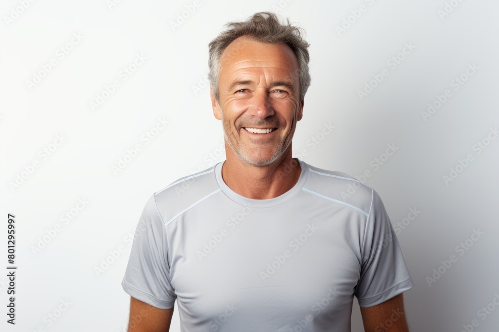 Portrait of a smiling man in his 50s sporting a breathable mesh jersey in front of white background Portrait of a smiling man in his 50s sporting a breathable mesh jersey in front of white background