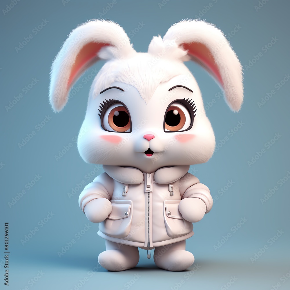 Rabbit, in the 3D illustration style, cute, kawaii character design with on a simple background, a high resolution detailed texture with adorable details