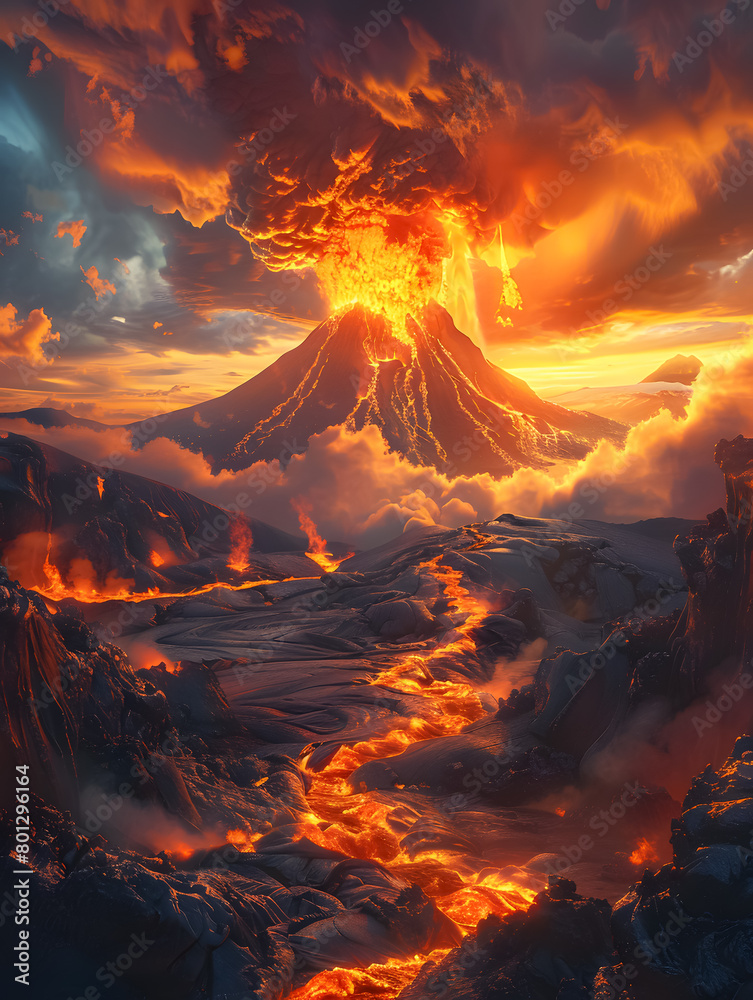 A volcano is erupting, spewing lava and ash into the sky