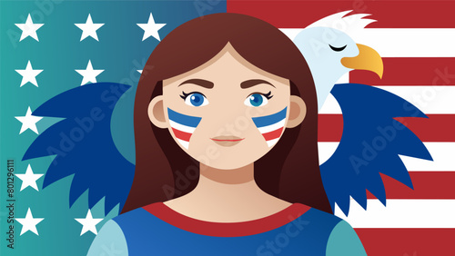 A young girl with a sly smirk as she shows off her face paint a clever combination of the American flag and her favorite animal a majestic bald eagle.. Vector illustration