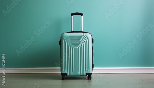 Old suitcase in front of turquoise blue wall, travel concept