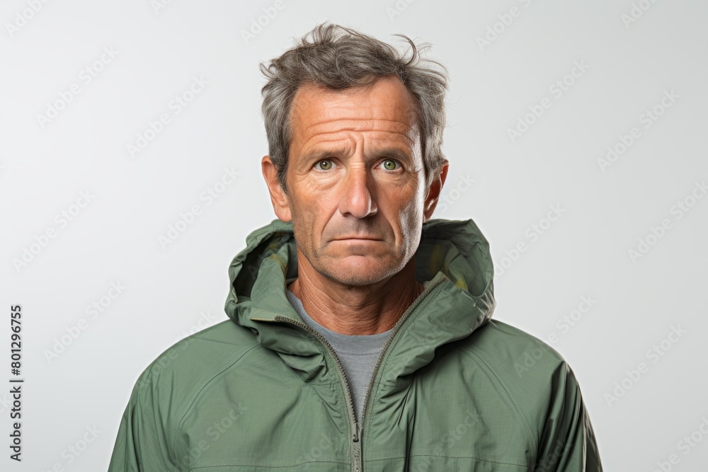 Obraz premium Portrait of a tender man in his 50s wearing a functional windbreaker over white background