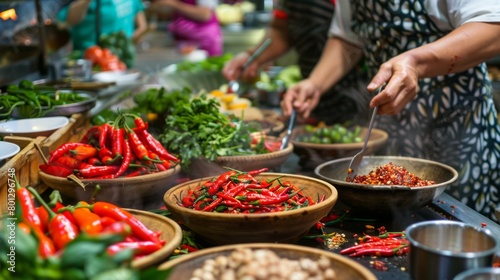 A Thai cooking class in session, with participants learning to use chili peppers and peppercorns in traditional recipes, promoting cultural culinary experiences.