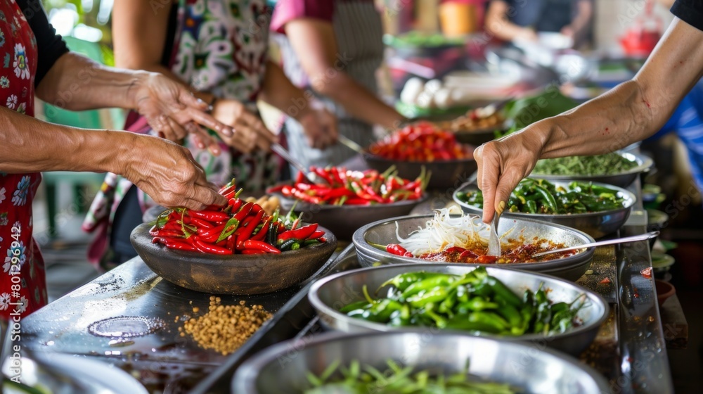 A Thai cooking class in session, with participants learning to use chili peppers and peppercorns in traditional recipes, promoting cultural culinary experiences. A Thai cooking class in session, with participants learning to use chili peppers and peppercorns in traditional recipes, promoting cultural culinary experiences.
