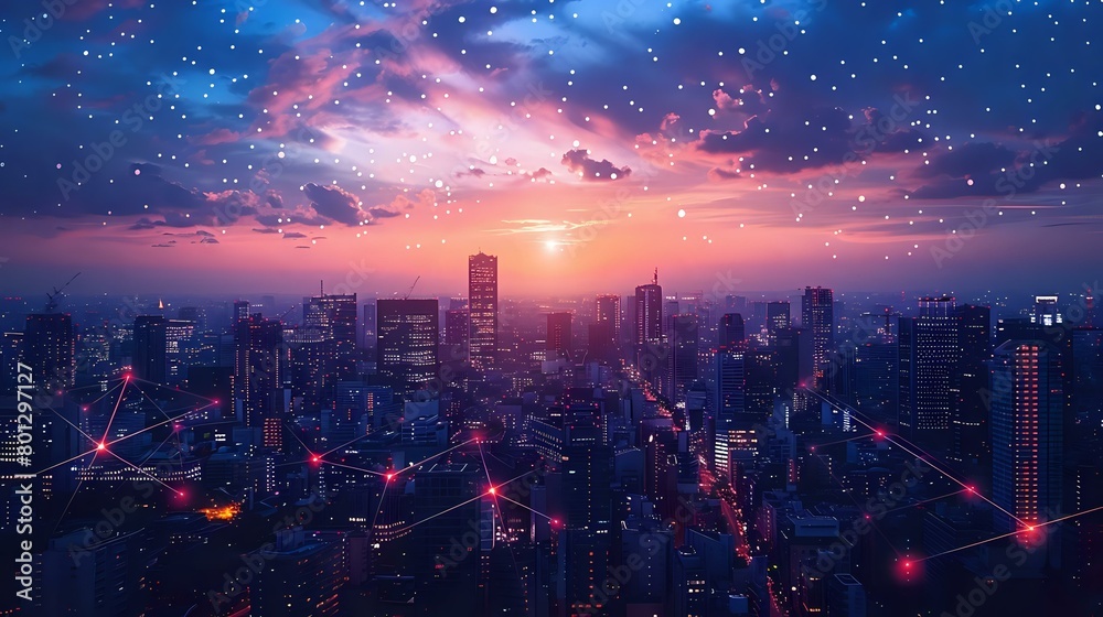 Urban Network: City Skyline with Digital Connectivity Overlay