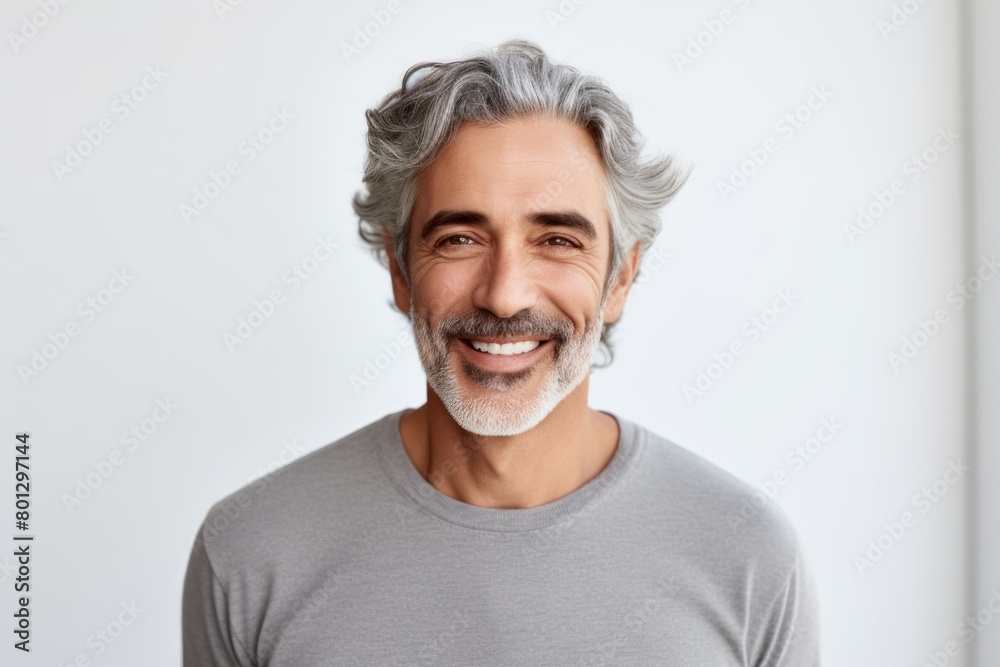 Portrait of a smiling man in his 50s showing off a thermal merino wool top while standing against white background