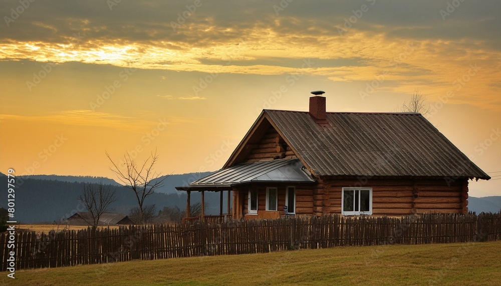 old wooden house in the countryside old house in the mountains sunset in the village