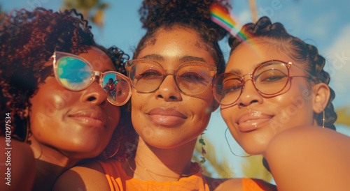 A group of three diverse women, each with different hair and skin tones, smiling for the camera in an outdoor setting under a rainbow