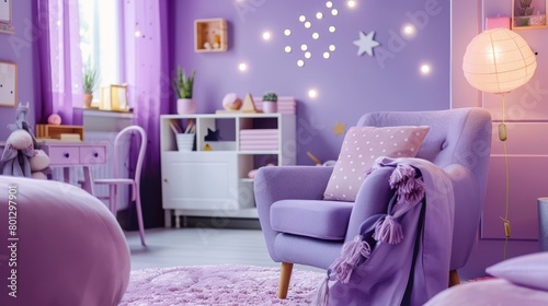 Close-up of a kids' room interior in soft purple, promoting creativity with playful furniture, themed bedding, and interactive wall decals