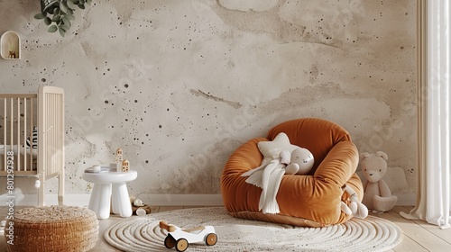 Close-up of a kid-friendly space with a cozy orange armchair, white stool, round rug, and soft toys, highlighted by a beige wall with stucco finish