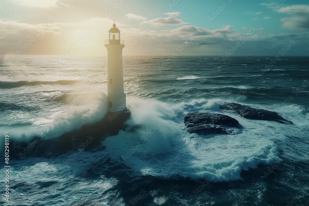 White Lighthouse in the middle of the ocean big waves