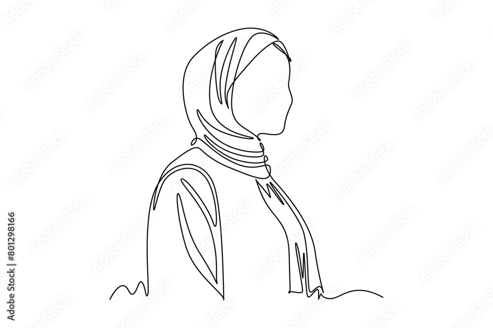 Continuous one line drawing stylish and trendy hijab woman concept. Doodle vector illustration. Continuous one line drawing stylish and trendy hijab woman concept. Doodle vector illustration.