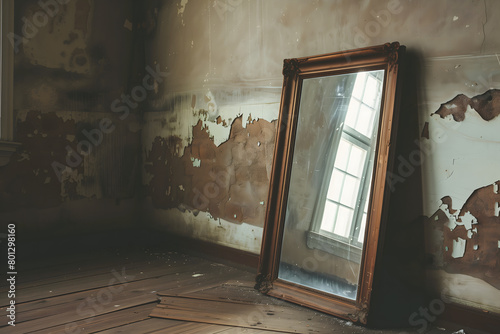 An old wooden mirror standing on the floor against the wall in a weathered room