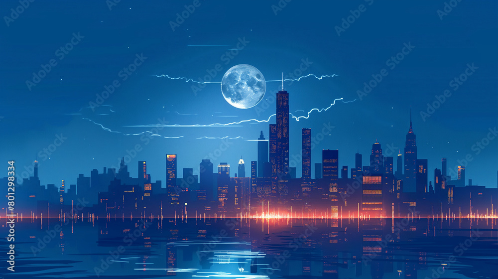 A digital illustration of the Chicago skyline at night