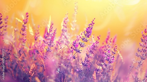 Wild lavender, vibrant yellow matte background, nature photography magazine cover, bright afternoon lighting, eyelevel shot