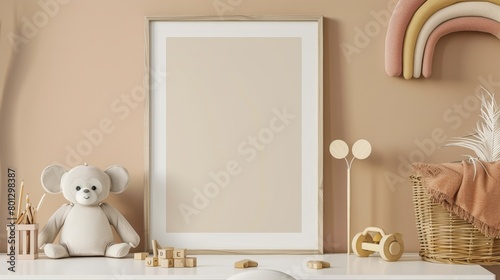 Child's room in warm tones, mock-up poster frame, plush monkey toys, and a rainbow ornament on a white desk, alongside an animal wicker basket and wooden blocks