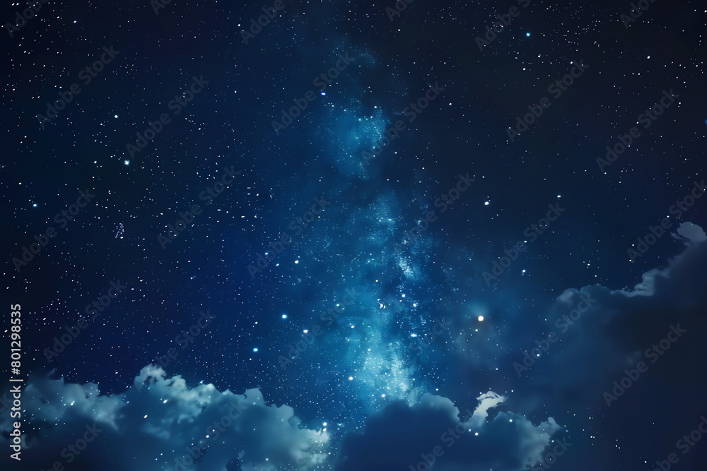 A stunning view of the Milky Way galaxy filled with stars and clouds in a quiet night sky over a remote location A stunning view of the Milky Way galaxy filled with stars and clouds in a quiet night sky over a remote location