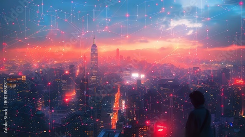 Twilight Fusion: City Skyline with Digital Connectivity Overlay