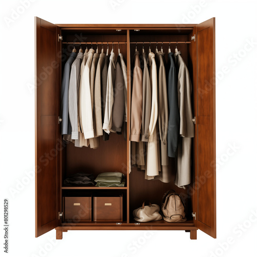Wooden wardrobe with clothes hanging on the rail and folded on the shelves There is a brown bag on the floor