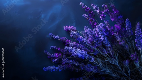 Bouquet of lavender, rich navy blue background, home decor magazine cover, elegant evening glow, slightly offcenter