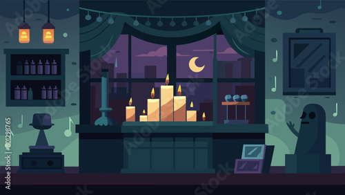 The shop was dimly lit with flickering candles and eerie music playing in the background adding to the unsettling atmosphere..