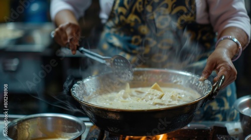 A woman cooking paneer curry in a traditional Indian kitchen, stirring the creamy gravy and adding aromatic spices for an authentic flavor profile.