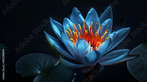 Nightblooming water lily, mystical black background, latenight garden magazine cover, moonlit light effect, close frontal view photo