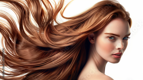 Beautiful woman with healthy and sleek long hair for hair beauty products commercial.