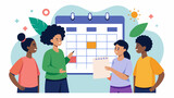A graphic organizer displaying important dates and events related to Juneteenth with a group of students filling in the missing information.. Vector illustration