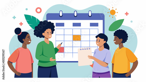 A graphic organizer displaying important dates and events related to Juneteenth with a group of students filling in the missing information.. Vector illustration