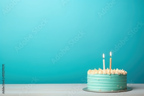 Cyan background with birthday cake with candles pastel backdrop empty blank copyspace for design text photo website web banner backdrop texture