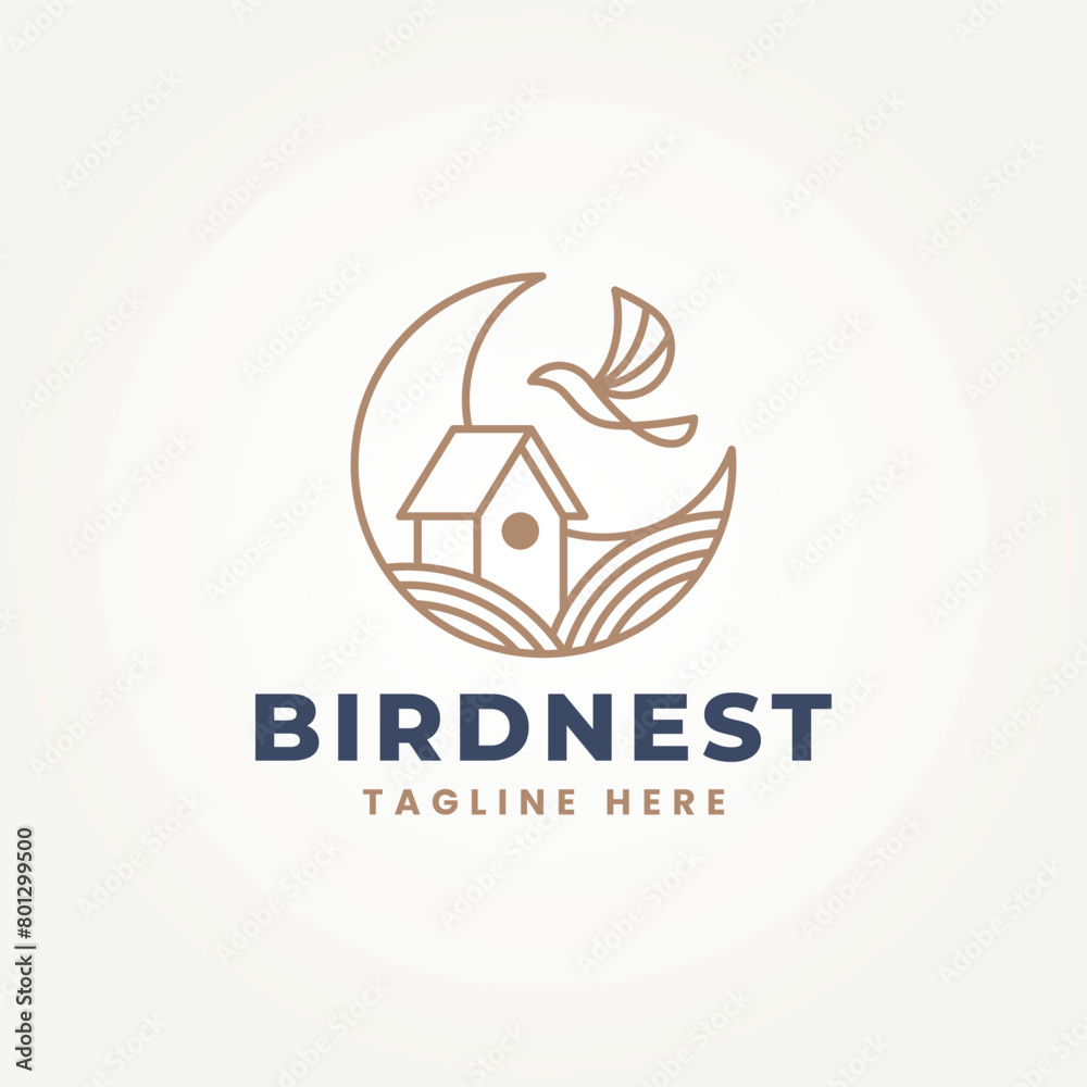 minimalist bird house decorated with crescent moon and waves line art label logo vector illustration design minimalist bird house decorated with crescent moon and waves line art label logo vector illustration design