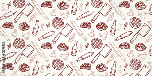 butcher shop seamless pattern, barbecue meat and cooking tools seamless pattern. BBQ, meat, vegetables, beer, wine and equipment icons