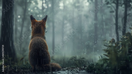 Capture the mystique of a rear view fox in a rainy forest, with striking realism perfect for digital art Contrast the sleek fox against blurred raindrops and a misty background