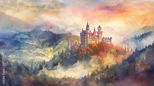 magical castle in the mountains a majestic castle stands tall amidst lush greenery, with a winding