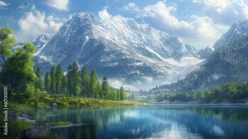 A serene mountain landscape with snowcapped peaks