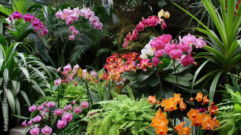  Lush display of colorful orchids in a tropical setting.