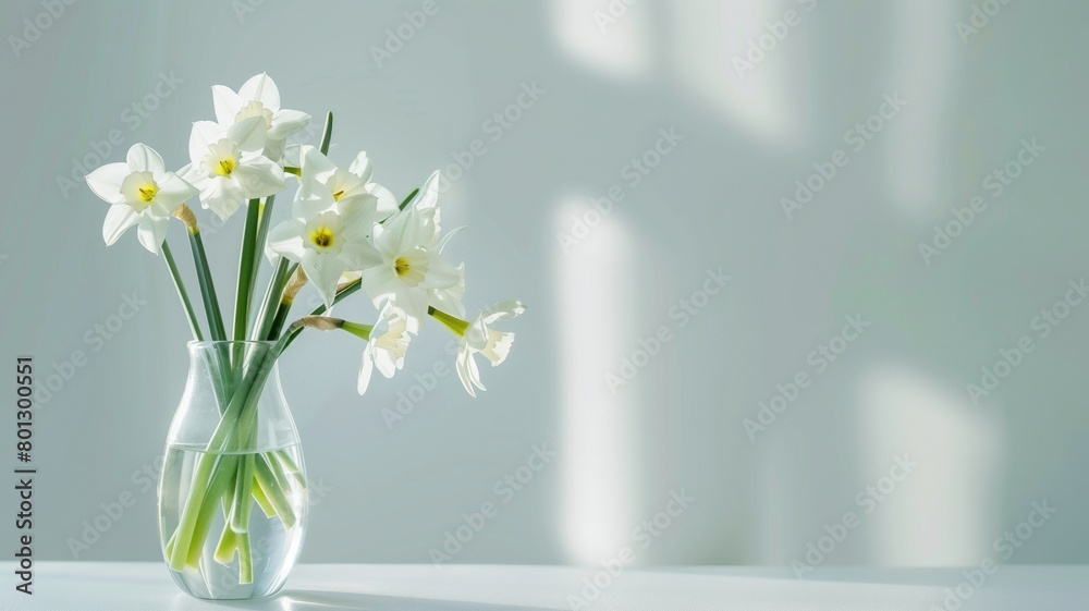  Bright narcissus flowers arranged in a clear glass vase.
