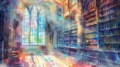magical library with bookshelves and stained glass windows
