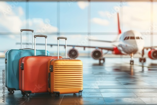 Airport travel concept with suitcases, airplane, and blue sky, symbolizing vacation and adventure