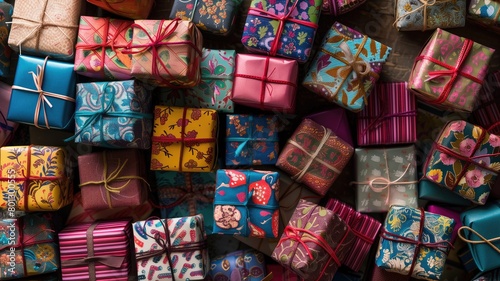 A vibrant collection of assorted gift boxes in various patterns.