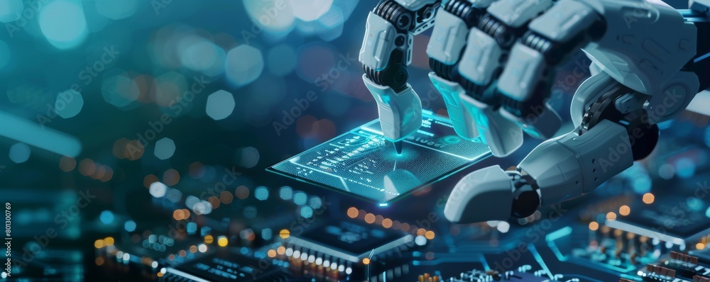 Advanced robotics technology handling microchip assembly in futuristic workshop Advanced robotics technology handling microchip assembly in futuristic workshop