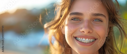 An image of a woman grinning up close with braces on her teeth photo