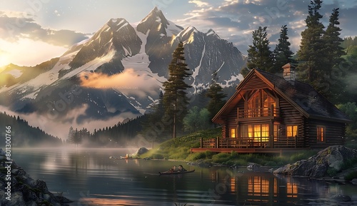 A wooden house in the mountains, surrounded by trees and a misty lake. Warm light shines on it from inside through windows photo