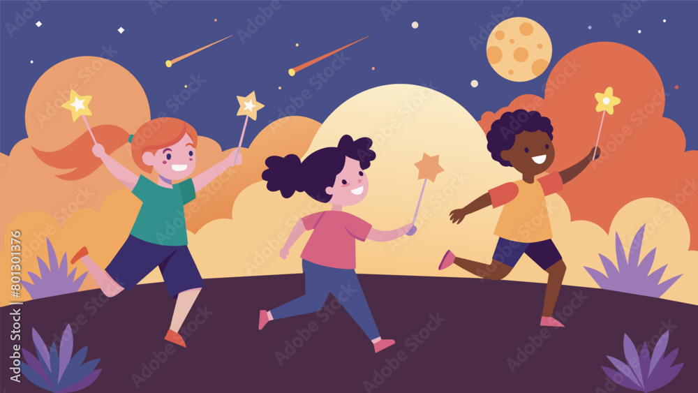 Kids running around with sparklers and glow sticks as the sun begins to set creating a magical atmosphere.. Vector illustration Kids running around with sparklers and glow sticks as the sun begins to set creating a magical atmosphere.. Vector illustration
