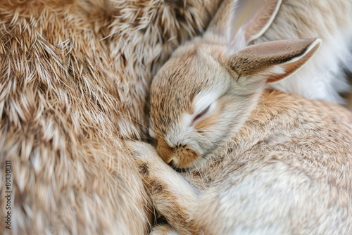 Close-up of a baby rabbit snuggled against its mother's fur © Venka