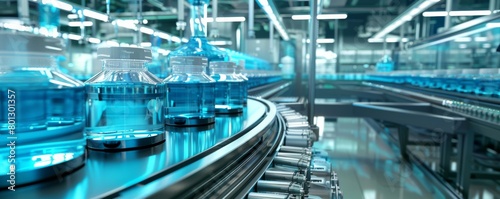 Advanced pharmaceutical manufacturing and automation facility with blue liquid filled vials on conveyor belts