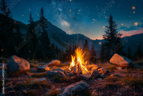 Scenic spring mountain camping with bonfire under the stars at night