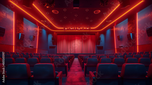 Empty movie theatre and stage with the red curtains drawn viewed over rows of seats, 3d, illustration